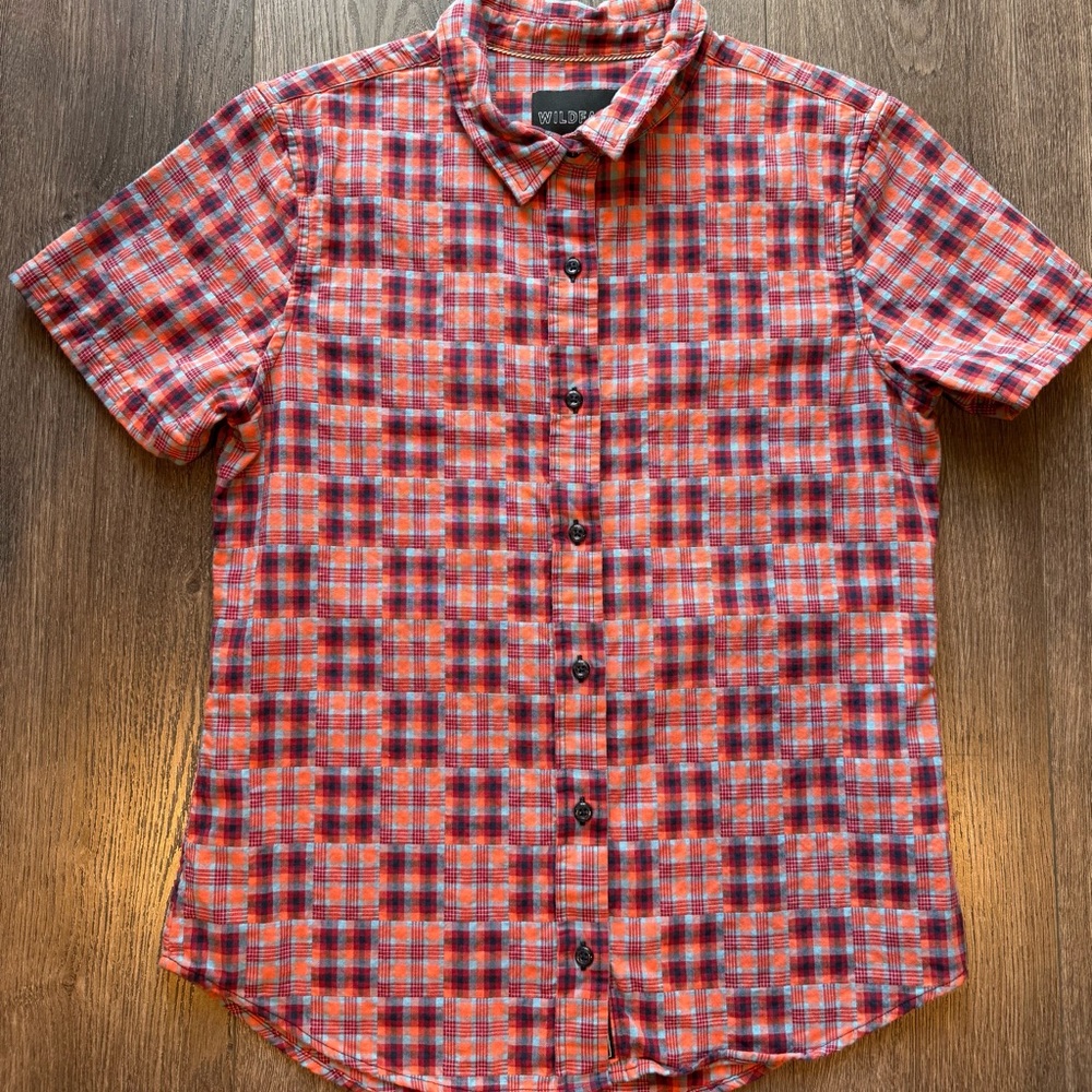 Wildfang Button Down Red Plaid Patchwork Shirt Ge… - image 1